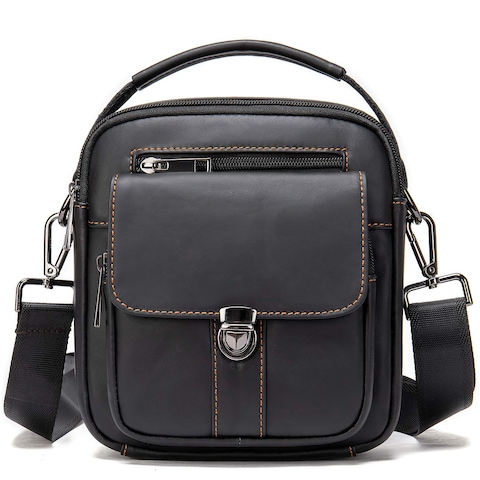 NIUCUNZH Man Purses and Bags Small, Mini Genuine Leather Messenger and Shoulder Bag for Men with lots of Zipper Pockets Black
