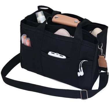 Canvas Tote Bag with Compartments Pockets Stylish Lightweight Messenger Bags for Work Church College, Black