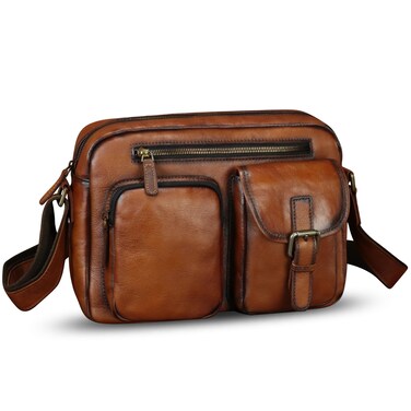 IVTG Genuine Leather Messenger Bags for Men Crossbody Shoulder Bags Man Purse Satchel Handmade Sling Briefcase (Brown)