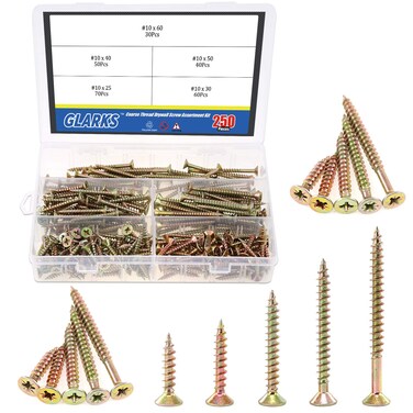 Glarks 250Pcs 5 Size #10 Coarse Thread Phillips Drywall Screws with Bugle Head for Drywall Sheetrock, Ceiling and Wood - Zinc Plated Carbon Steel
