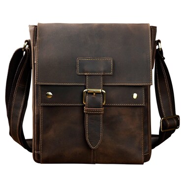 Mens Genuine Leather Casual Satchel Sling Messenger Shoulder Cross-body Bag Flap Over (A Brown)