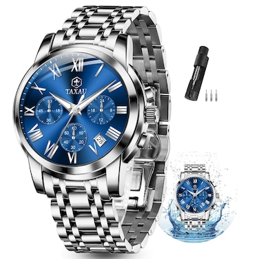 Taxau Silver Watch for Men Blue Face Watches Men Stainless Steel Dress Watches for Men Big Face Fashion Chronograph Waterproof Analog Men's Wrist Watch Date Roman Numeral Reloj para Hombre Luxury