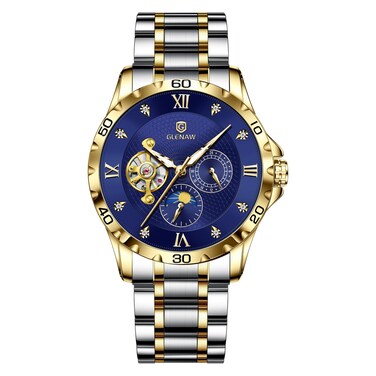 GLENAW Automatic Watches for Men Mechanical Tourillon Skeleton Watches Stainless Steel Waterproof Date Diamond Numbers Luminous Men Wrist Watch (Blue)