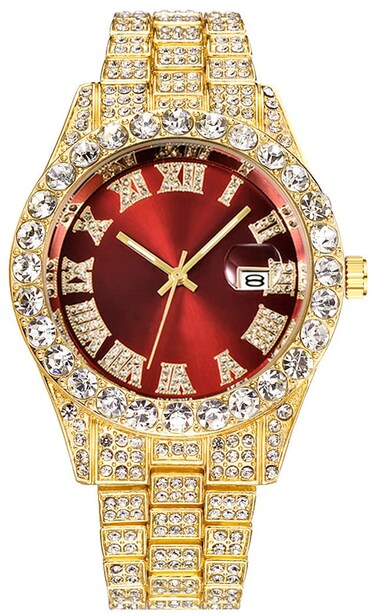SENRUD Men's Diamond Watch Fashion Crystal Rhinestone Quartz Analog Watch Iced-Out Bracelet Wrist Watch (Gold red)