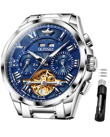 OUPINKE Watches for Men Automatic Skeleton Mechanical Luxury Cratch-Resistant Sapphire Mirror Tungsten Steel Strap Luminous Waterproof Calendar Wrist Watch Silver Blue