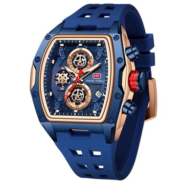 MF MINI FOCUS Men Watch Unique Tonneau Casual Wrist Watches (Chronograph/Waterproof/Luminous/Calendar/24 Hours) Silicon Band Fashion Watch for Men (Blue &amp; Golden), (MF0473G.02)