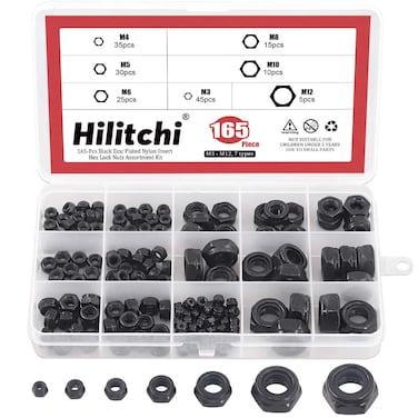 Hilitchi 165-Pcs Black Zinc Plated Nylon Insert Hex Lock Nuts Assortment Kit