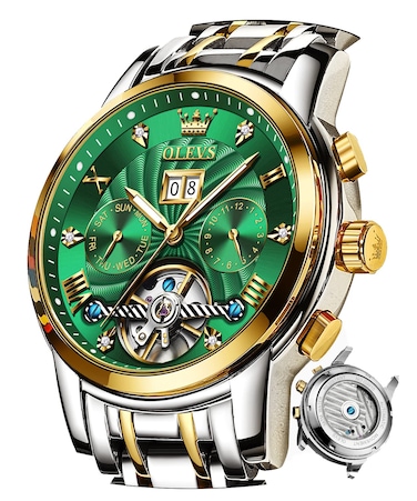 OLEVS Automatic Watches for Men Skeleton Mechanical Classic Luxury Multi Calendar Stainless Steel Waterproof Luminous Wrist Watch for Men Green