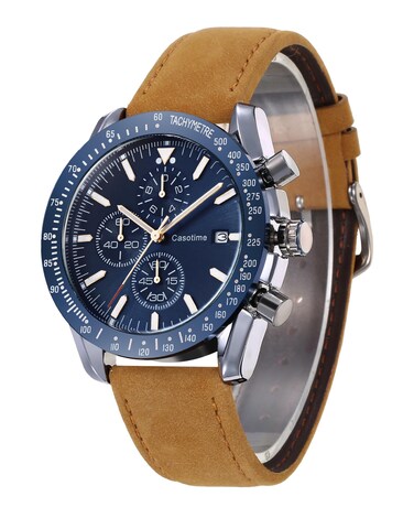 Casotime Men's Leather Watches Chronograph Analog Quartz Date Wrist Watch 30M Waterproof Big Face Casual Fashion Sport Dress Watches for Men Elegant Gift