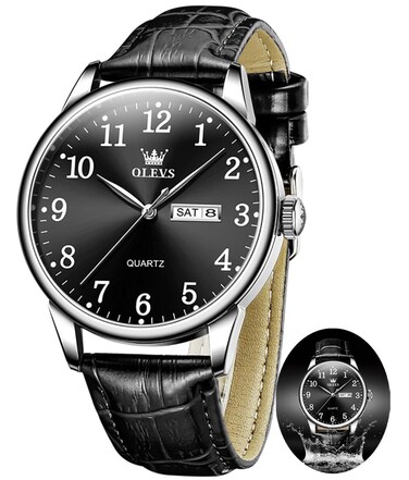 OLEVS Men's Watches Black Leather Strap Casual Fashion Waterproof Watches for Men Calendar Easy to Read Dress Men's Wrist Watches
