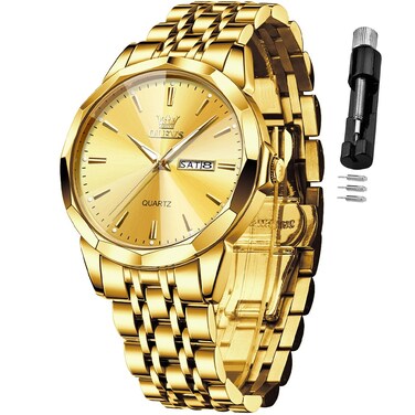 OLEVS Men Gold Watch Easy Read Business Dress Analog Quartz Stainless Steel Waterproof Luminous Calendar Luxury Casual Wrist Watch Male