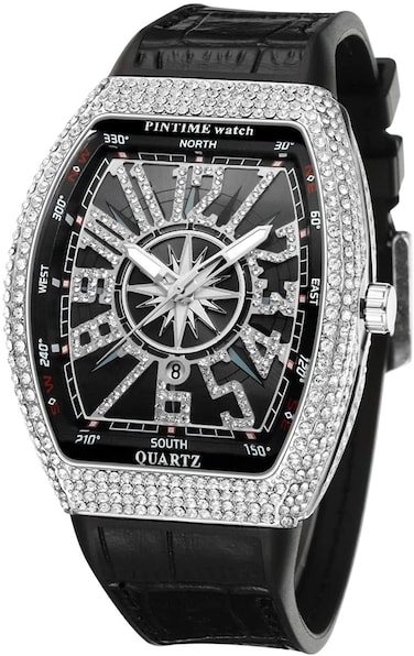 FANMIS Mens Skull Big Face Watches Rectangle Punk Diamond Dial Leather Strap Calendar Quartz Sports Wrist Watch (Silver Black)