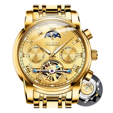 OLEVS Automatic Watches for Men Skeleton Self Winding Mechanical Tourbillon Classic Diamond Green Big Face Watch Mens Date-Day-Month Two-Tone Stainless Steel Men&rsquo;s Waterproof Luminous Wrist Watches