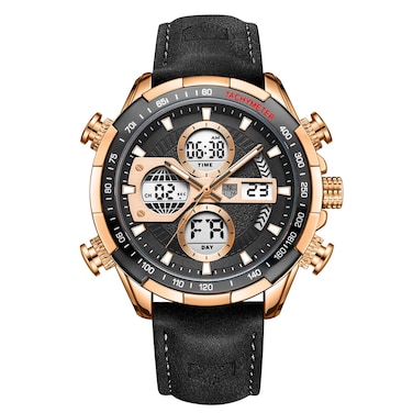 senstone Mens Watch LED Digital Analog Dual Display Dial 45mm Big Face，Leather Strap Sport Chronograph Watches for Men with Quartz Luminous Stopwatch Alarm Waterproof - Gold Black