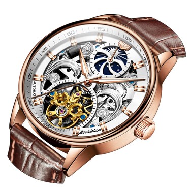 OLEVS Men's Skeleton Watch Luxury Dress Black Leather Silver Gold Tourbillon Moon Phase Automatic Mechanical Self-Winding Waterproof Luminous Wrist Watches