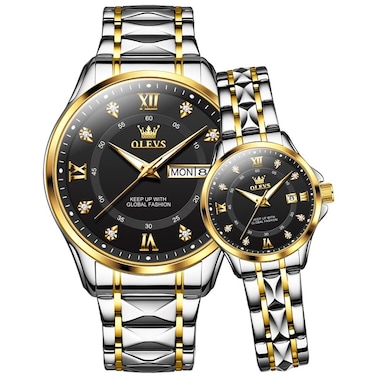 OLEVS His and Her Watch for Couples Gift Set Dress Luxury Watch Men and Women Wristwatch Waterproof Matching Watch Two Tone Stainless Steel Watch Black