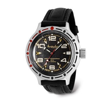Vostok   Classic Amphibian Automatic Self-Winding Russian Diver Wrist Watch   WR 200 m   Fashion   Business   Casual Men's Watches   Model 420335 Black Leather Band