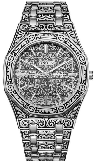 HUNRUY Retro Watches for Men Quartz Watches Tattoo Pattern Carved Stainless Steel Bracelet Waterproof Wrist Watch (Silver B)