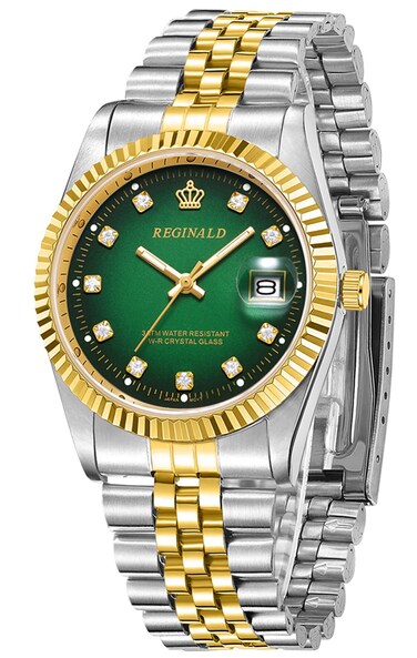 FANMIS Men's Luxury Business Waterproof Wristwatch Analog Two Tone Stainless Steel Date Quartz Watches (Green)