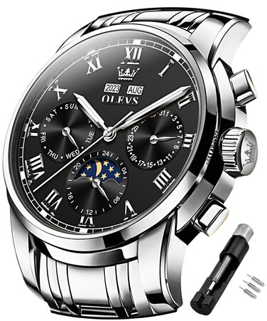 OLEVS Watches for Men Automatic Mechanical Self Winding Dress Wrist Watch Multifunction Calendar Waterproof Luminous Silver Black