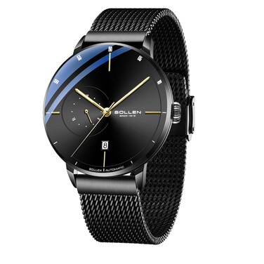 SOLLEN Black Men's Automatic Watch - Minimalist, Waterproof Wrist Watch with Calendar, 24-Hour Display and Luminous Hands - 42mm