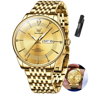 OLEVS Mens Gold Watches Classic Gold Watches for Men Stainless Steel Gold Mens Watches with Date Diamond Luxury Watches for Men Waterproof Watches Simple Big Face Mens Watches Relojes para Hombre