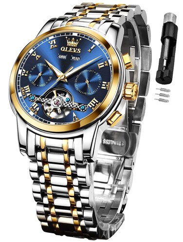 OLEVS Automatic Watch for Men Self Winding Mechanical Luxury Business Stainless Steel Multi Calendar Waterproof Luminous Wrist Watches (Blue)