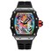 PINTIME Mens Luxury Tonneau Fashion Hallow Punk Graffiti Art Dial Hip-hop Unique Sports Wrist Watch Japanese Movement Luminous Design with Rubber Band