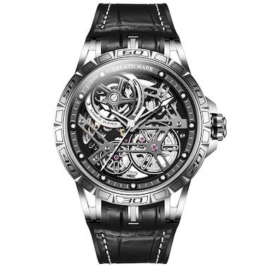 OUPINKE Skeleton Mens Watches Automatic Mechanical Luxury Watch Sapphire Crystal Leather Band Waterproof Luminous Wristwatch
