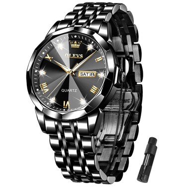 OLEVS Black Mens Wrist Watch Stainless Steel Analog Diamond Dress Watch for Men Day Date Waterproof Big Large Face Luxury Quartz Men Wristwatch Male Watches