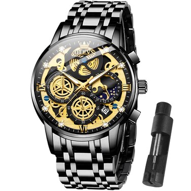 OLEVS Watch Men Stainless Steel Watches Luxury Diamond Chronograph Multifunction Men Wrist Watch with Date Business Classic Dress Watch for Men Gift for Men reloj de Hombre, Black Band Black Face,