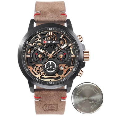 BORUSE Brown Watches for Men Leather Chronograph Skeleton Quartz Watch Business Dress Analog Luminous Calendar Waterproof Wristwatch for Mens