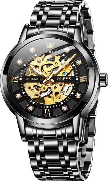 OLEVS Gold Skeleton Men's Automatic Mechanical Watches self Winding Luxury Dress Shiny Diamond Stainess Steel Waterproof Luminous Wrist Watches
