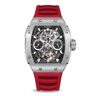 WISHDOIT Watch for Men, Automatic Mechanical Watches, Tonneau Men's Wrist Watches Stainless Steel Sport Style Waterproof Sapphire Crystal Rubber Interchangeable Strap Watches Silver Red
