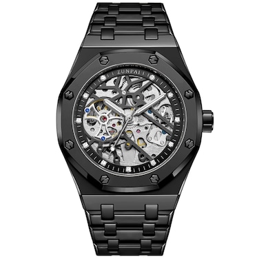 senstone Automatic Watches for Men Mechanical Movement Tourbillon Self-Winding Transparent Skeleton Fashion Gift Business Men's Wristwatch with Waterproof Luminous Dial Stainless Steel Band - Black