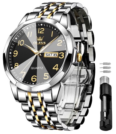 OLEVS Black Watch for Men Luxury Dress Analog Quartz Silver Stainless Steel Waterproof Luminous Date Diamond Business Two Tone Casual Wrist Watch