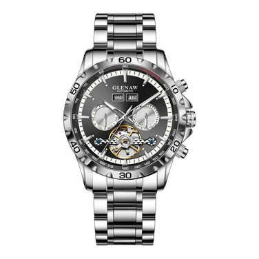 GLENAW Automatic Tourbillon Mens Watches Mechanical Day Date Luxury Self Winding Dress Skeleton Wrist Watches Luminous (8998-Silver Black)