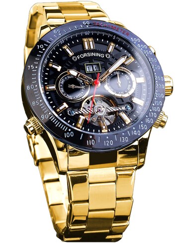 FORSINING Men Tourbillon Mechanical Self-Wind Watch, Day Date Month Full Calendar, Luminous Tachymeter Multifunctional Automatic Watches, Carved Big Dial Stainless Steel Band Wrist Watch, Gold Strap