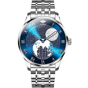 OUPINKE Men Automatic Watch Starry Sky Moon Phase Rose Gold Silver Stainless Steel Self-Winding Luxury Business Waterproof Wrist Watch