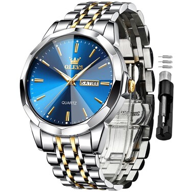 OLEVS Men Blue Watches Business Dress Easy Read Analog Quartz Date Luxury Wrist Watch Silver Casual Stainless Steel Waterproof Luminous Two Tone Watch for Men