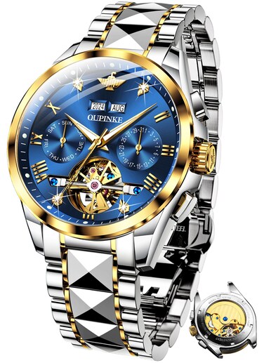 OUPINKE Mens Automatic Watch Blue Skeleton Mechanical Luxury Diamond Self Winding Dress Wrist Watches Sapphire Crystal Tungsten Steel Business Gifts