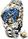 OUPINKE Mens Automatic Watch Blue Skeleton Mechanical Luxury Diamond Self Winding Dress Wrist Watches Sapphire Crystal Tungsten Steel Business Gifts