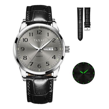 Taxau Watch Gray Face for Men Analog Quartz Leather Dress Watch Big Wrist Classic Luminous Arabic Numerals with Day Date Watches relojes para Hombres