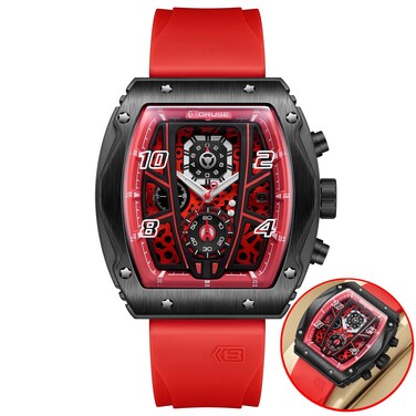 BORUSE Chronograph Watch for Men Red Square Waterproof Quartz Watches Fashion Sport Silicone Strap Luminous Calendar Analog Wristwatch