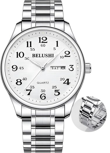 Gosasa Easy-to-Read Quartz Watch for Seniors, Large Numerals, Calendar, 30m Water Resistance, Luminous,Women's Men's Stainless Steel Wrist Watch