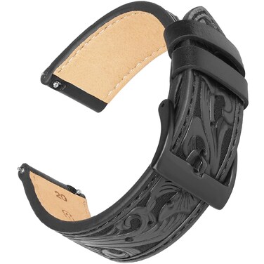 Deeplus 20mm Leather Watch Bands, Western Retro Embossed Leather Bands Compatible with Samsung Galaxy Watch 6/5/4 44/40/45/46/42mm Genius Leather Watch Band for Women Men, Black