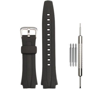 17mm Resin Strap Compatible with Casio EDIFICE series AQ-160 AQ-161w AQ-163w Watch Band Waterproof Black Rubber Replacement Bracelet (Silver metal buckle)