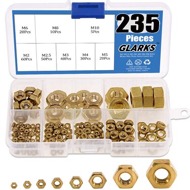 Glarks 235Pcs Metric M2 M2.5 M3 M4 M5 M6 M8 M10 High-Strength Brass Hex Nuts Assortment Kit