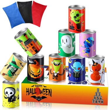 Halloween Carnival Games, Halloween Party Games Bean Bag Toss Game for Kids and Adults Carnival Metal Cans with 3 Bean Bags for Holiday Birthday Party Outdoor Indoor Games