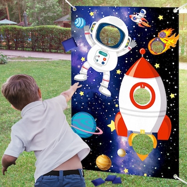 Blosssound Space Toss Games Banner Backdrop with 3 Bean Bags Space Galaxy Theme Birthday Party Decorations Supplies Solar System Bean Toss Games Indoor or Outdoor Yard Fun Activities Throwing Game